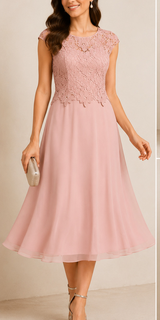 JS Collections Womens Sz 6 Blush Pink Floral Lace Chiffon Midi Dress NWT Wedding